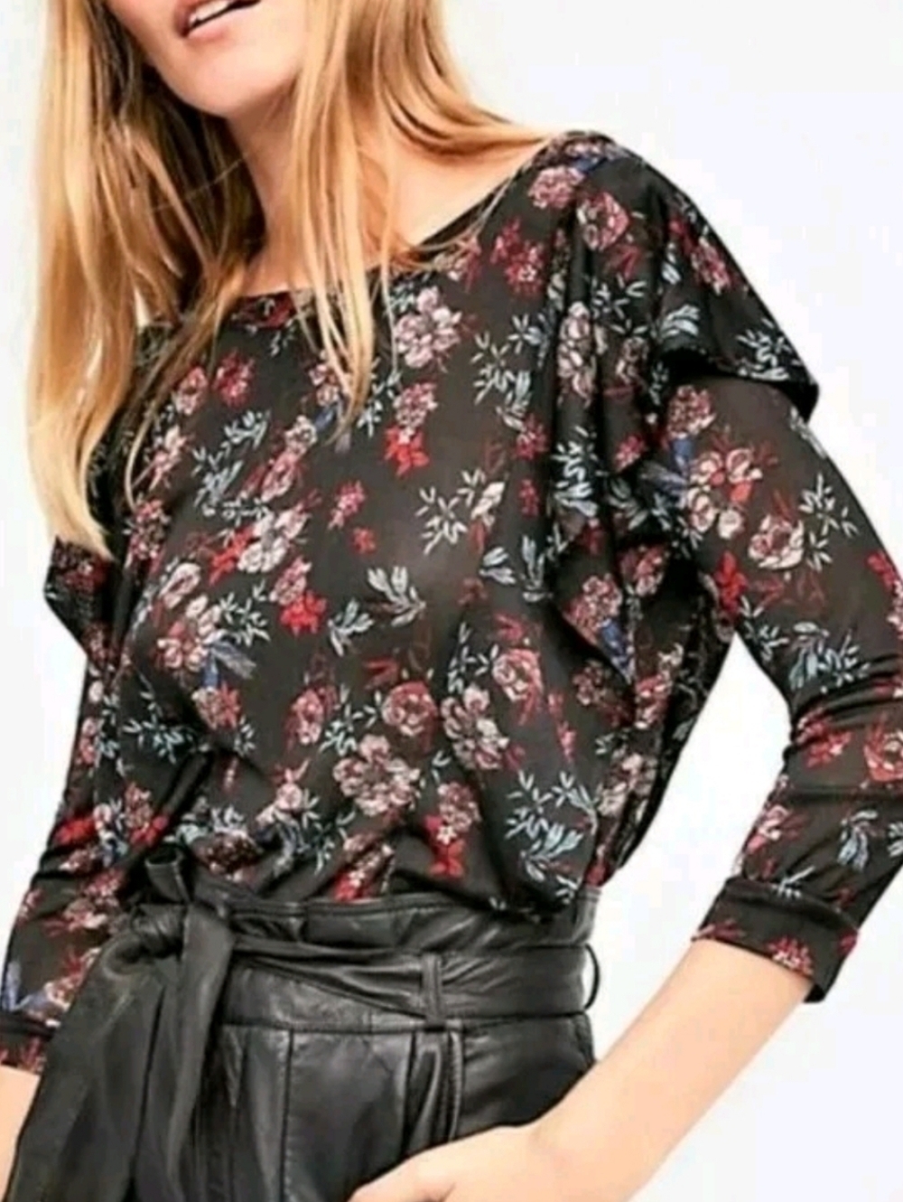 Free People Black Floral Ruffle-Sleeve Blouse Size M